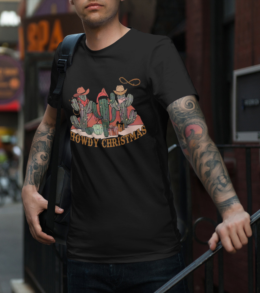 Howdy Christmas Cactus Cowboy Hats And Lasso Holiday Scene T-Shirt