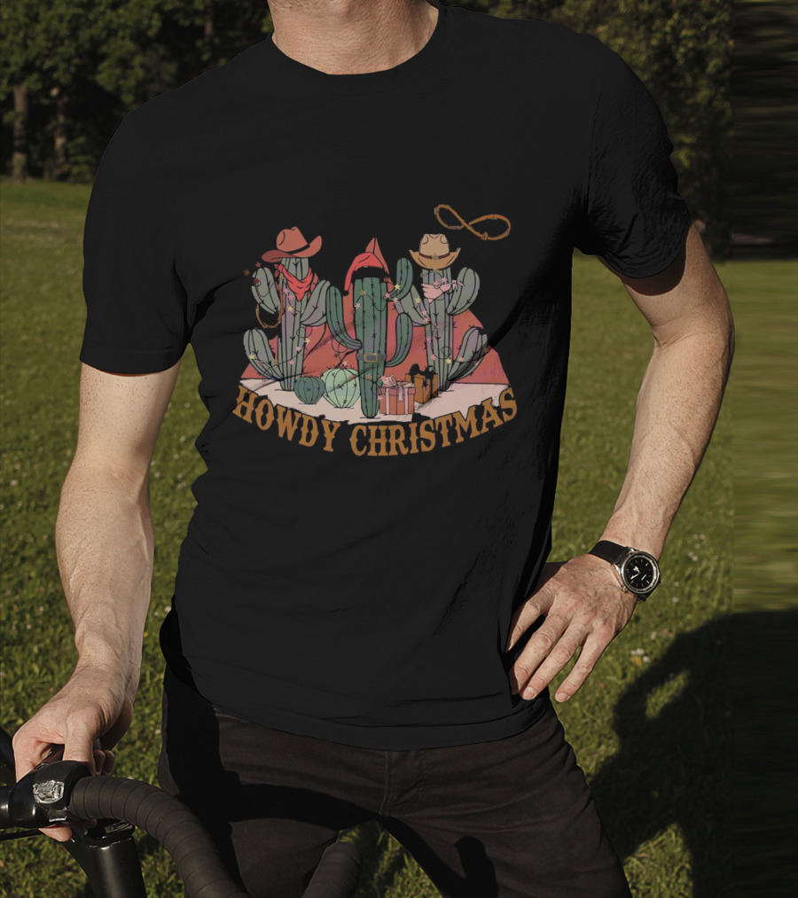 Howdy Christmas Cactus Cowboy Hats And Lasso Holiday Scene T-Shirt