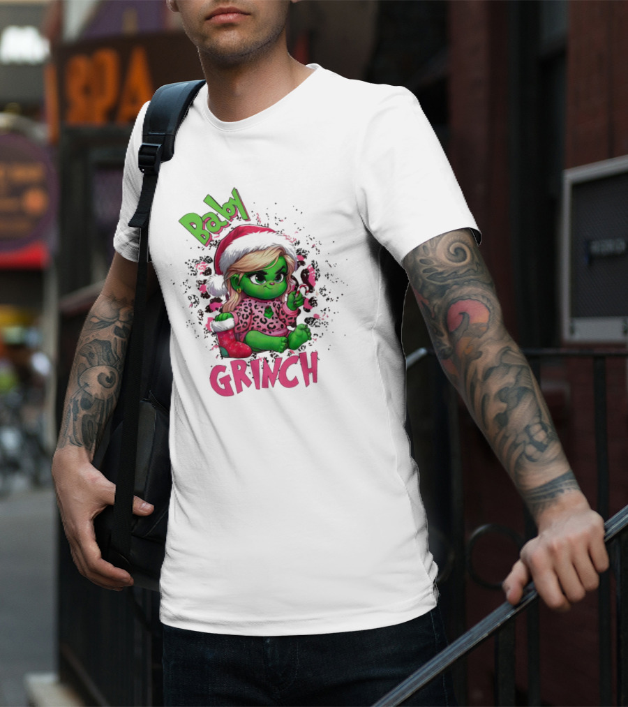 Baby Grinch Pink Leopard Christmas T-Shirt