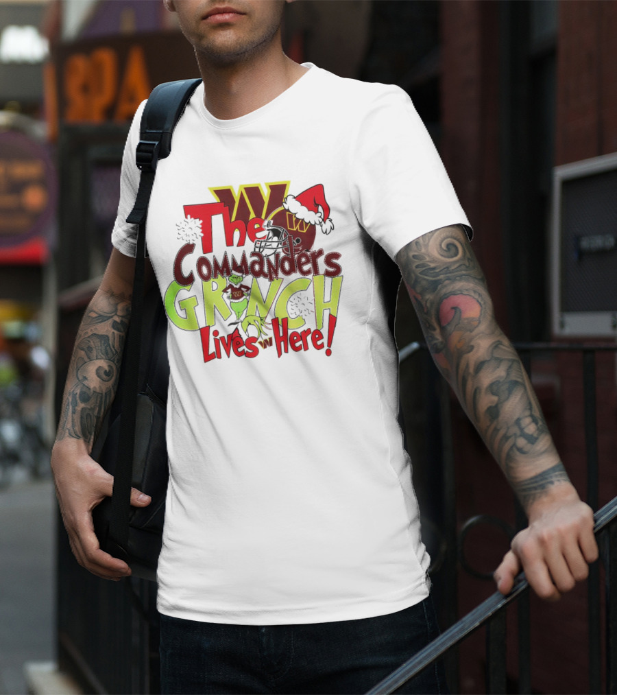 Washington Commanders Grinch Lives Here Christmas Football Holiday Cheer T-Shirt