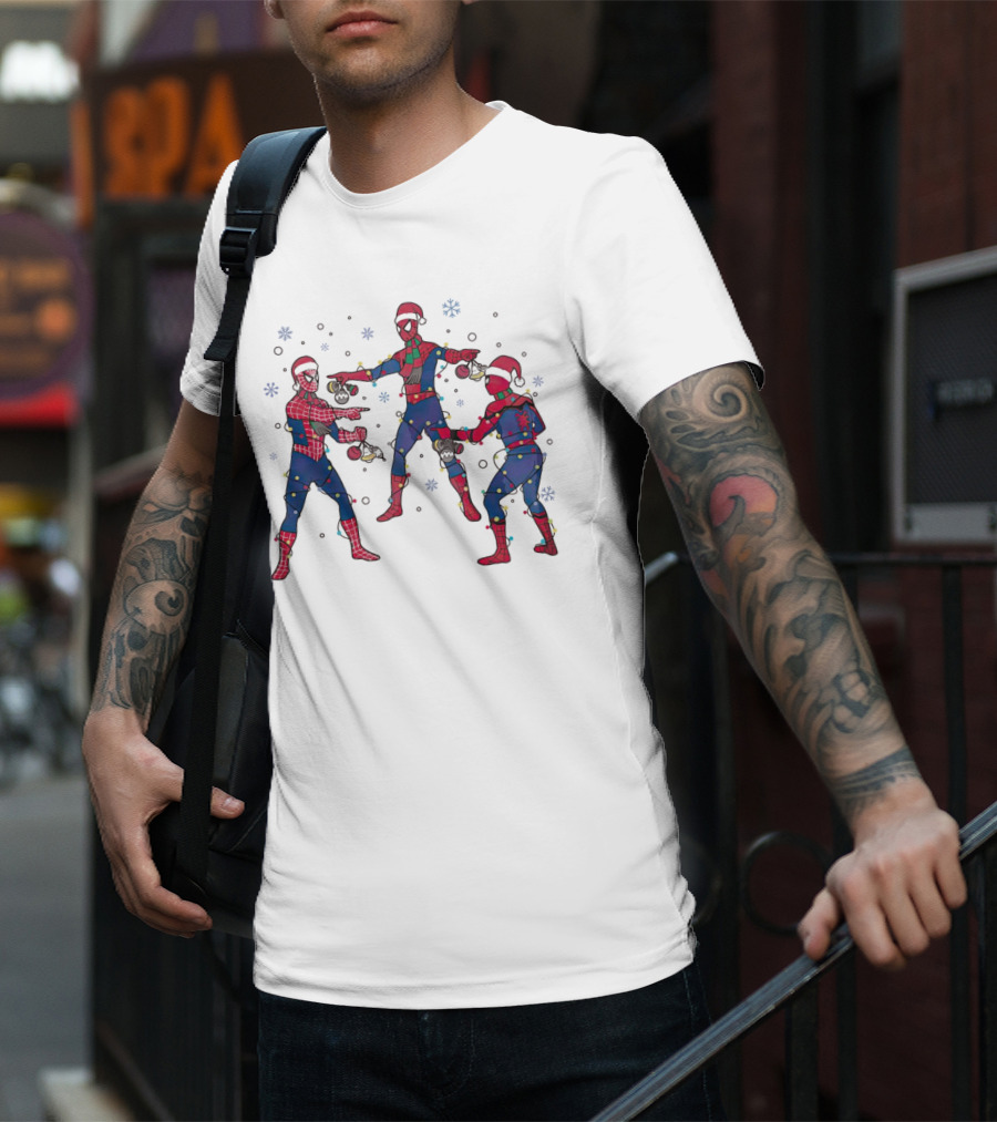 Funny Marvel Three Spiderman Meme Santa Christmas Lights Snowflakes T-Shirt