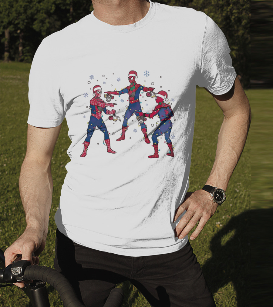 Funny Marvel Three Spiderman Meme Santa Christmas Lights Snowflakes T-Shirt