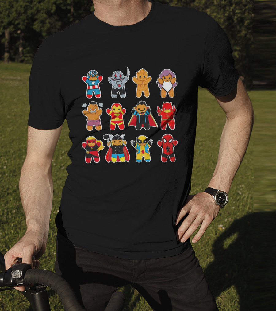 Gingerbread Super Heroes Cookie Avengers Guardians Comic Fun T-Shirt