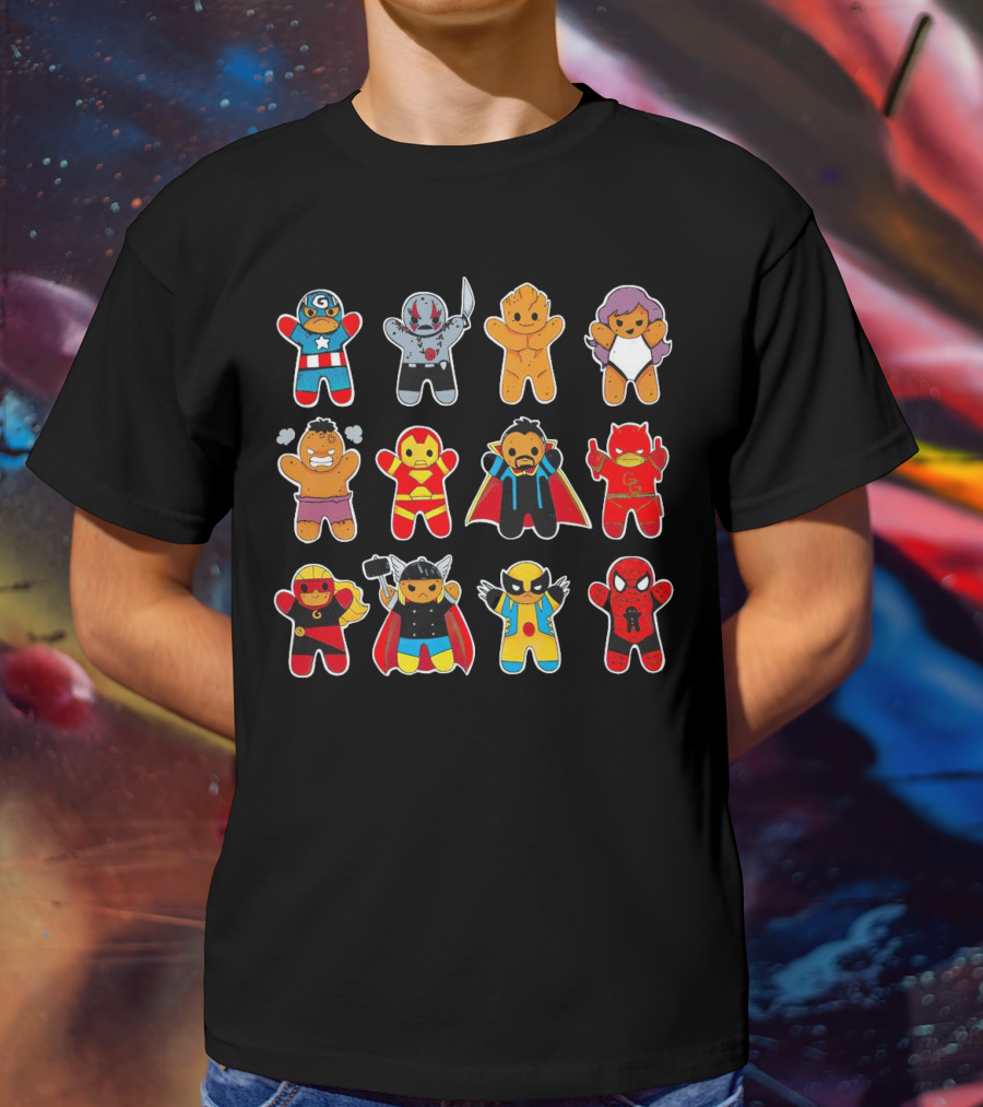 Gingerbread Super Heroes Cookie Avengers Guardians Comic Fun T-Shirt