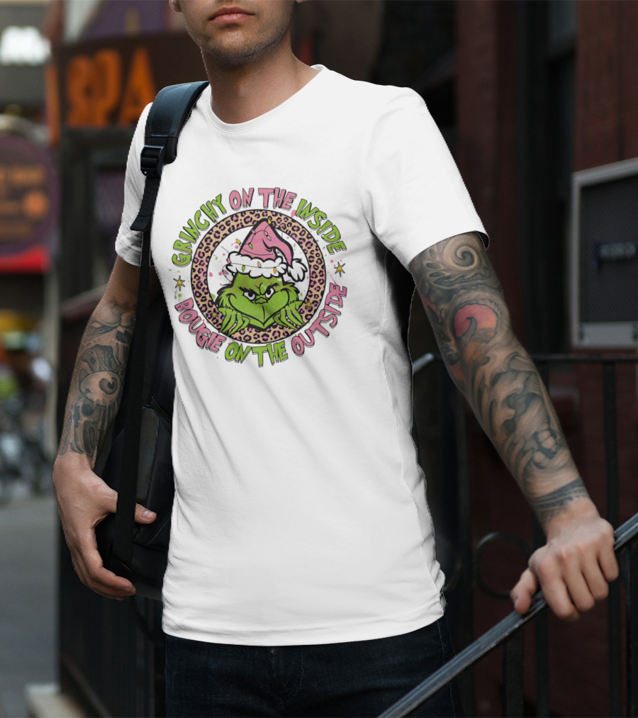 Grinchy On The Inside Bougie On The Outside Leopard Santa Hat T-Shirt