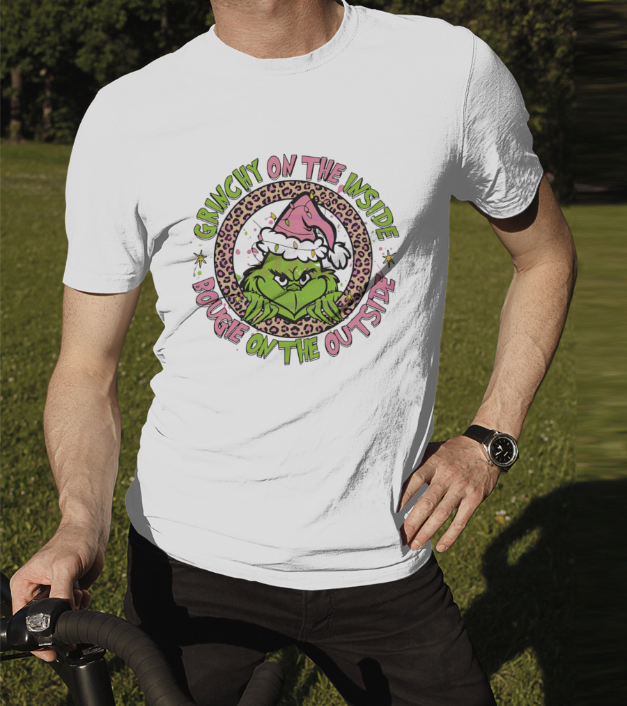 Grinchy On The Inside Bougie On The Outside Leopard Santa Hat T-Shirt