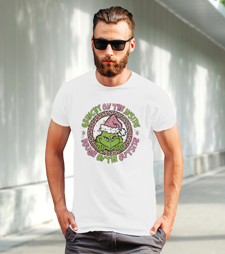 Grinchy On The Inside Bougie On The Outside Leopard Santa Hat T-Shirt
