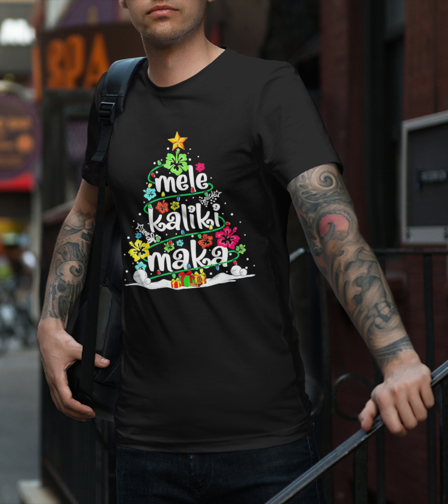 Mele Kalikimaka Christmas Tree With Flowers And Gifts T-Shirt