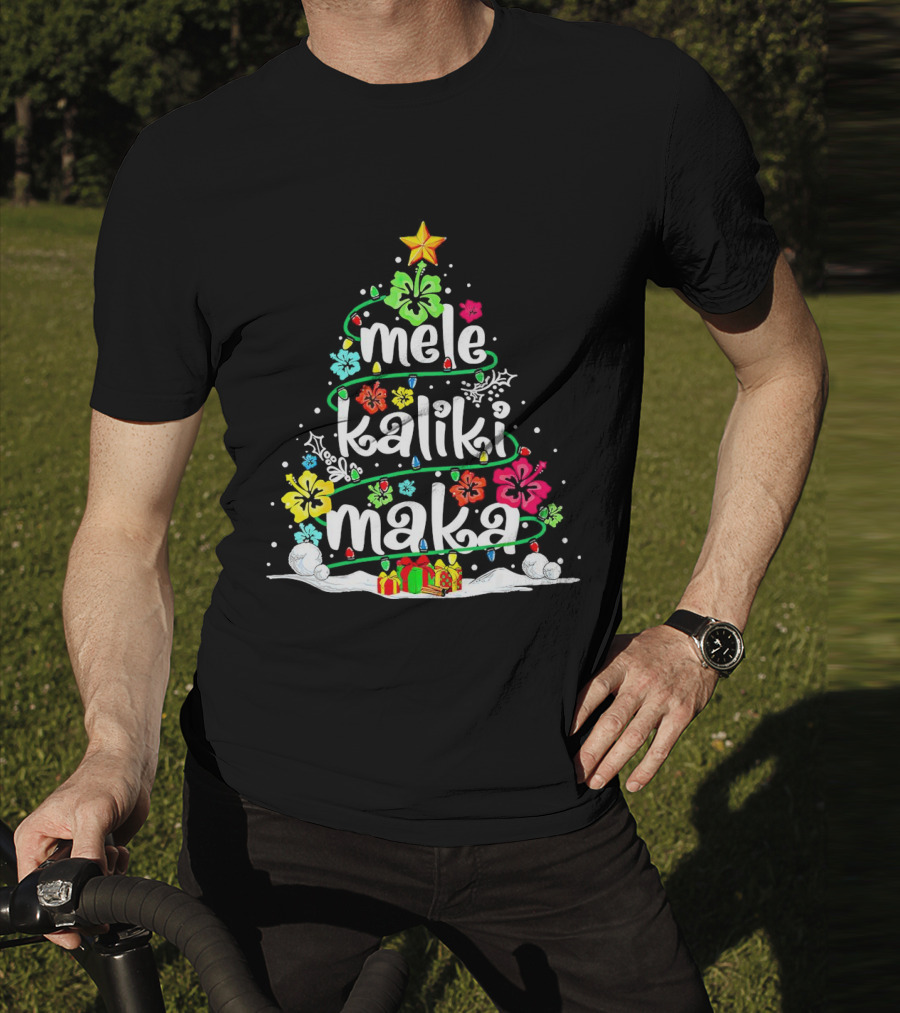 Mele Kalikimaka Christmas Tree With Flowers And Gifts T-Shirt