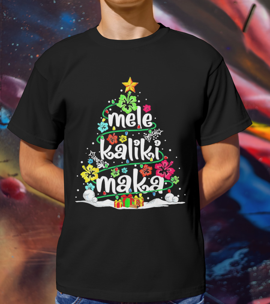Mele Kalikimaka Christmas Tree With Flowers And Gifts T-Shirt