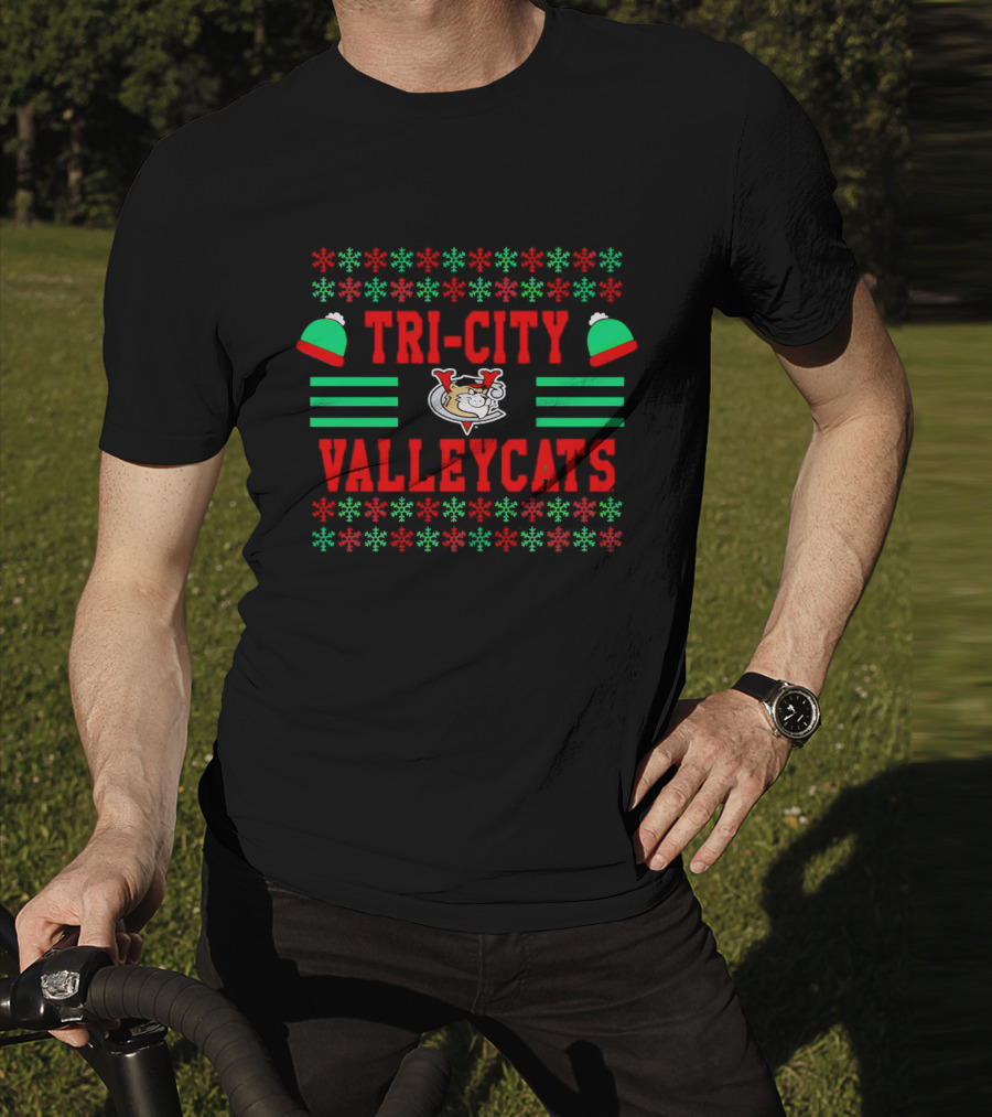 Tri-City ValleyCats Holiday Snowflake Pattern With Festive Hat And Cat T-Shirt