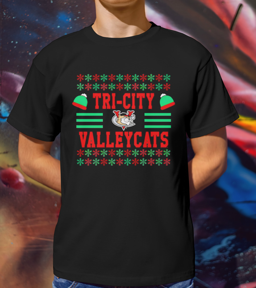 Tri-City ValleyCats Holiday Snowflake Pattern With Festive Hat And Cat T-Shirt