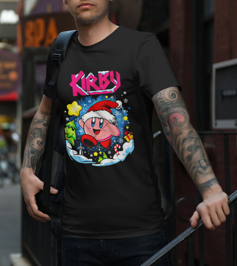 Kirby Holiday Snow Adventure With Kreator Style Santa Hat And Winter Delights T-Shirt