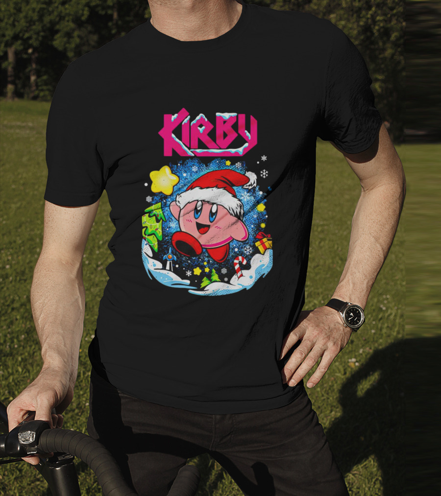 Kirby Holiday Snow Adventure With Kreator Style Santa Hat And Winter Delights T-Shirt