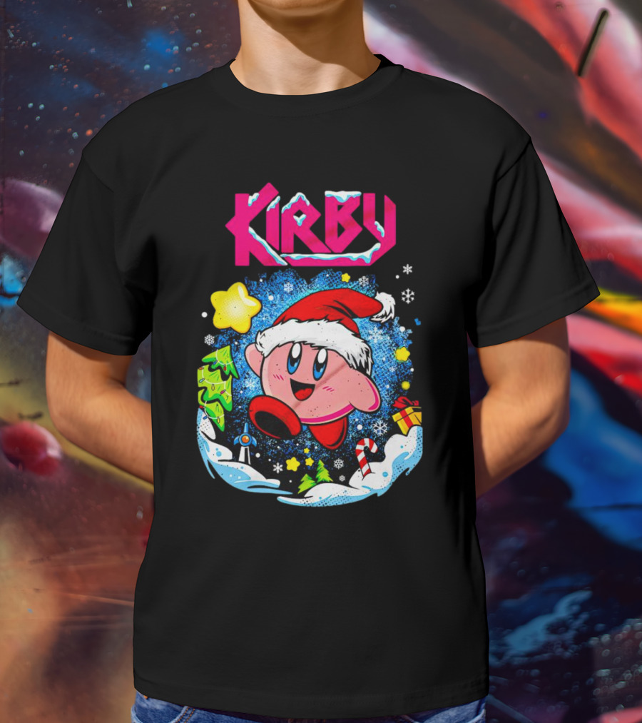 Kirby Holiday Snow Adventure With Kreator Style Santa Hat And Winter Delights T-Shirt