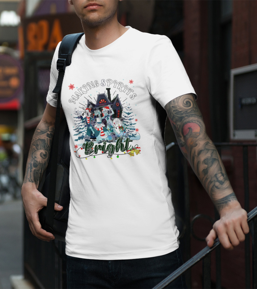 Making Spirits Bright Haunted Mansion Christmas Ghosts In Winter Scene T-Shirt