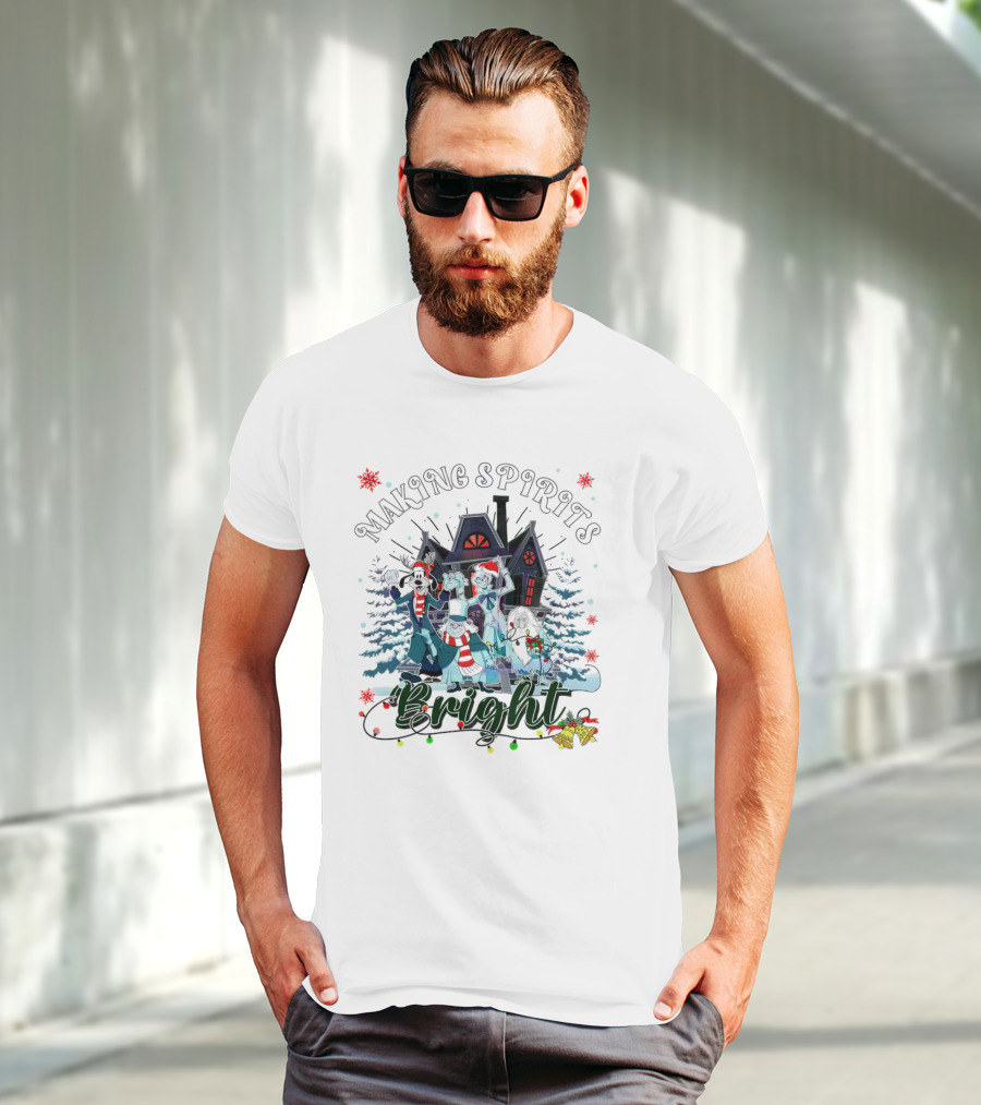 Making Spirits Bright Haunted Mansion Christmas Ghosts In Winter Scene T-Shirt
