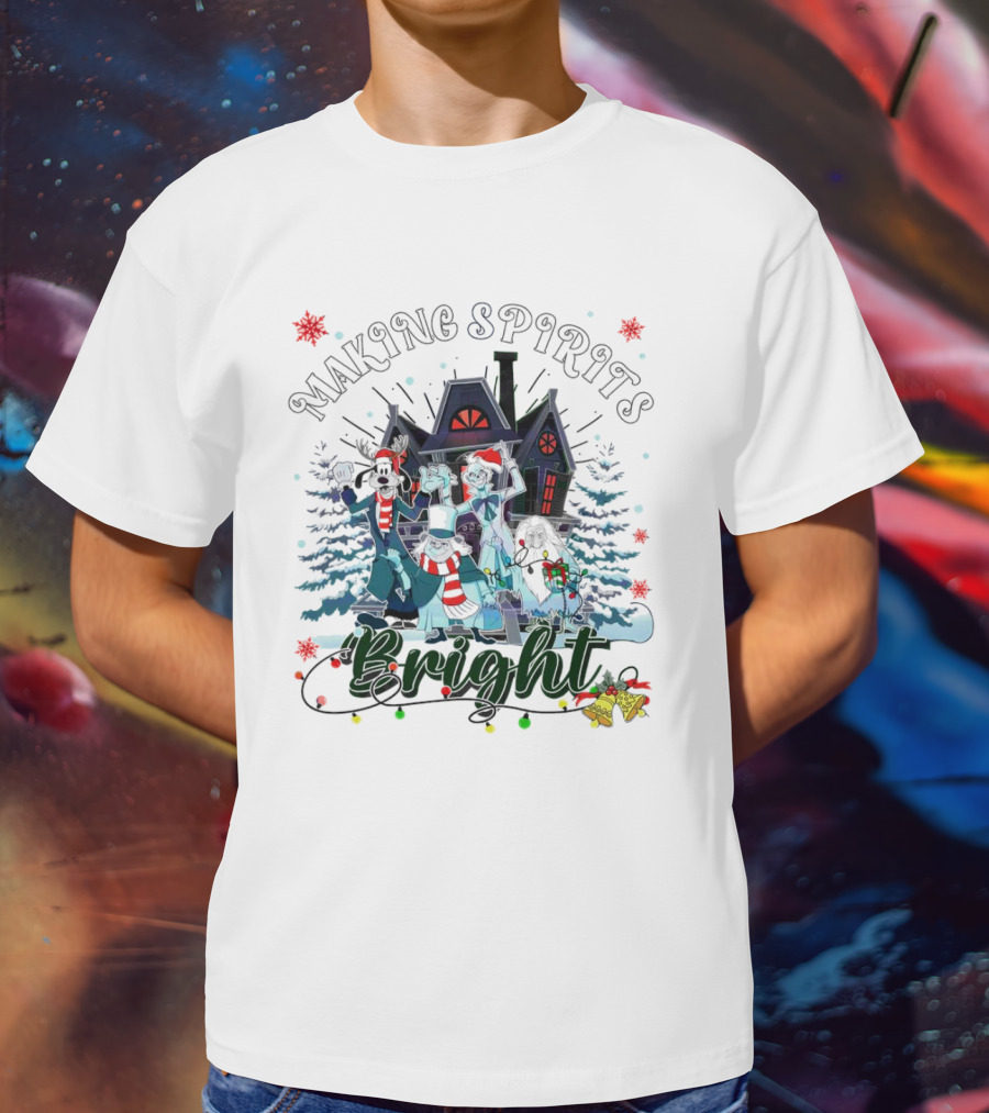 Making Spirits Bright Haunted Mansion Christmas Ghosts In Winter Scene T-Shirt