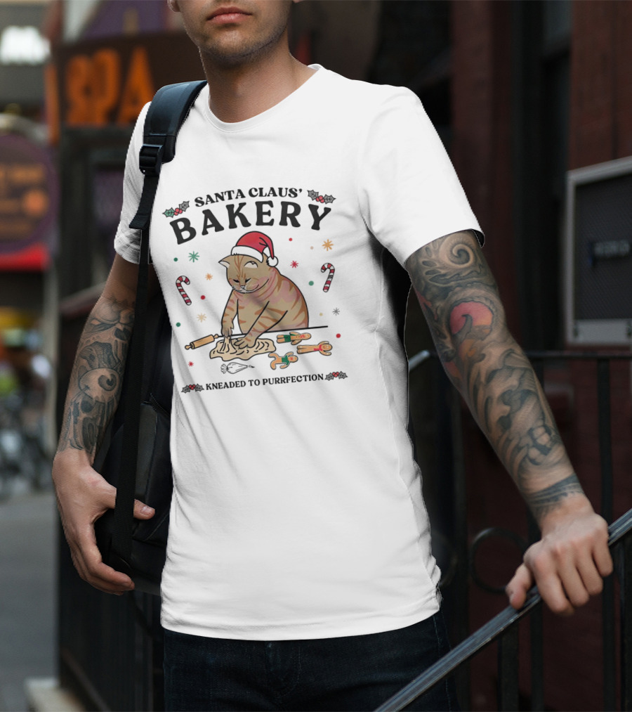 Santa Claus' Bakery Kneaded To Purrfection Cat With Santa Hat Making Cookies T-Shirt