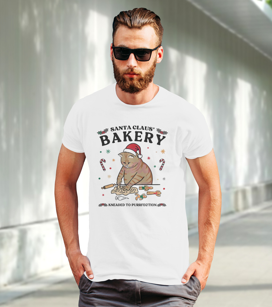 Santa Claus' Bakery Kneaded To Purrfection Cat With Santa Hat Making Cookies T-Shirt