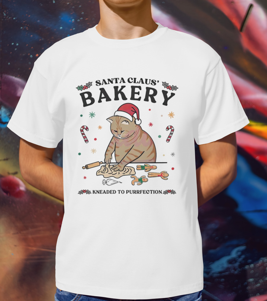 Santa Claus' Bakery Kneaded To Purrfection Cat With Santa Hat Making Cookies T-Shirt