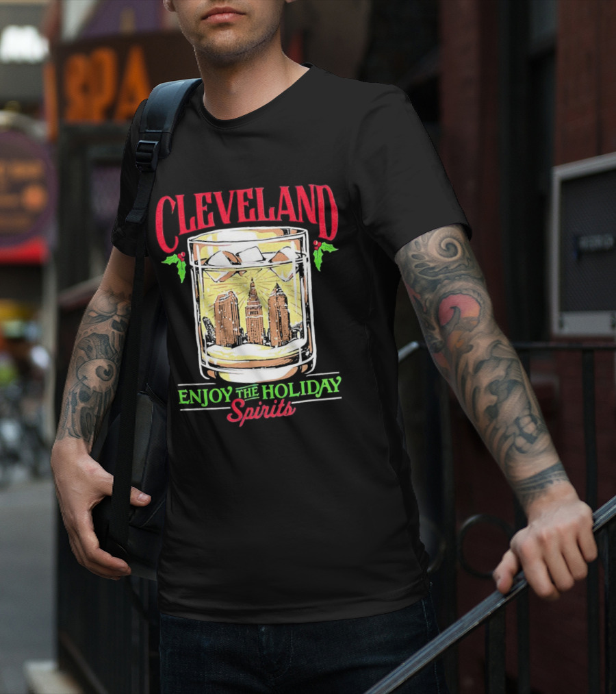 Cleveland Skyline In Whiskey Glass Enjoy The Holiday Spirits T-Shirt