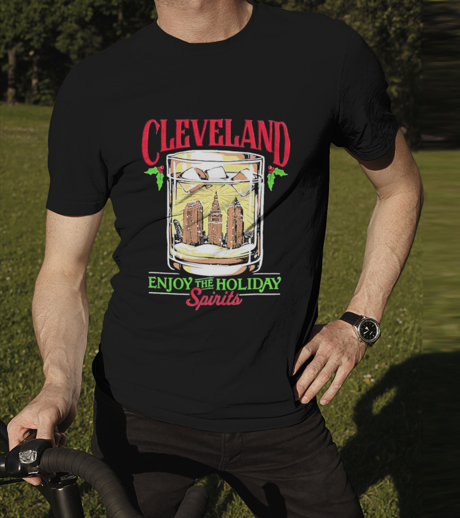 Cleveland Skyline In Whiskey Glass Enjoy The Holiday Spirits T-Shirt