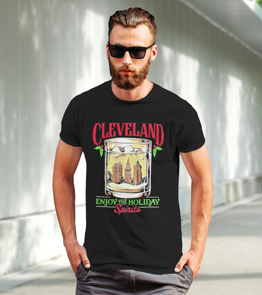 Cleveland Skyline In Whiskey Glass Enjoy The Holiday Spirits T-Shirt