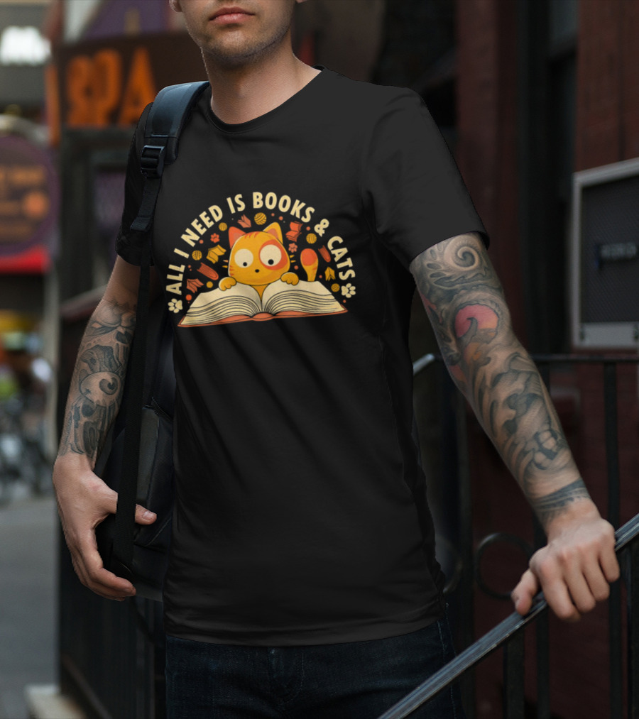 All I Need Is Books And Cats With Curious Feline And Open Book T-Shirt