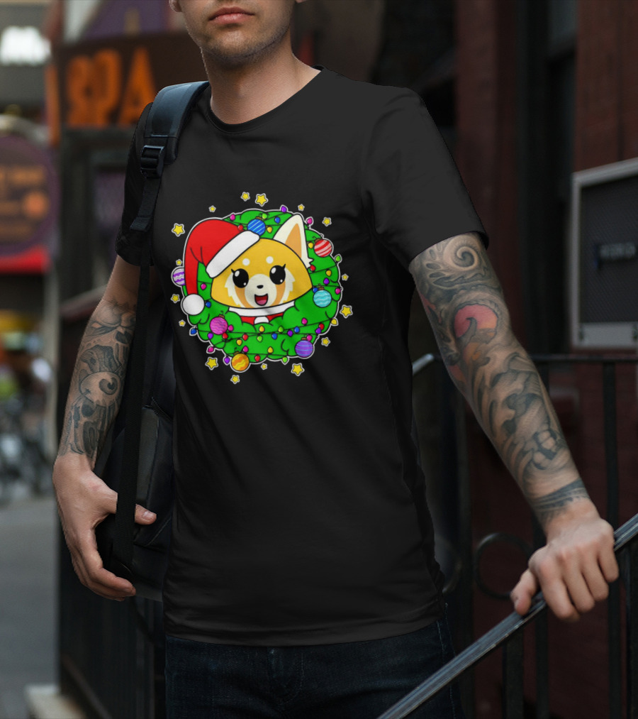 Aggressively Merry Christmas Kawaii Red Panda With Santa Hat In Holiday Wreath T-Shirt