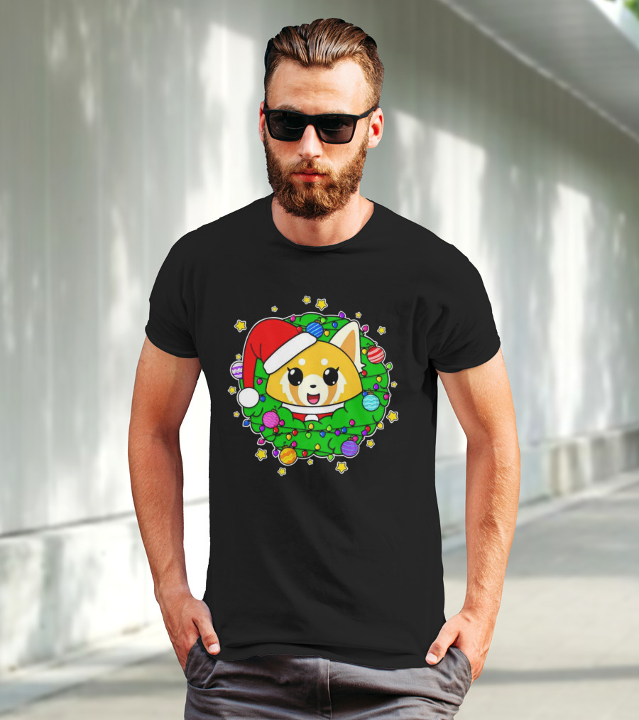 Aggressively Merry Christmas Kawaii Red Panda With Santa Hat In Holiday Wreath T-Shirt