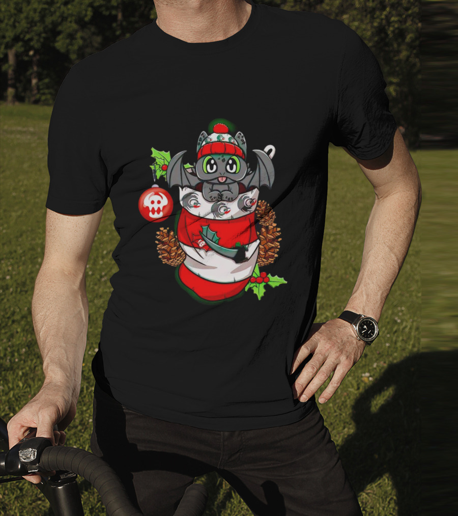 Baby Dragon Holiday Stocking With Skull Ornament And Pinecones T-Shirt