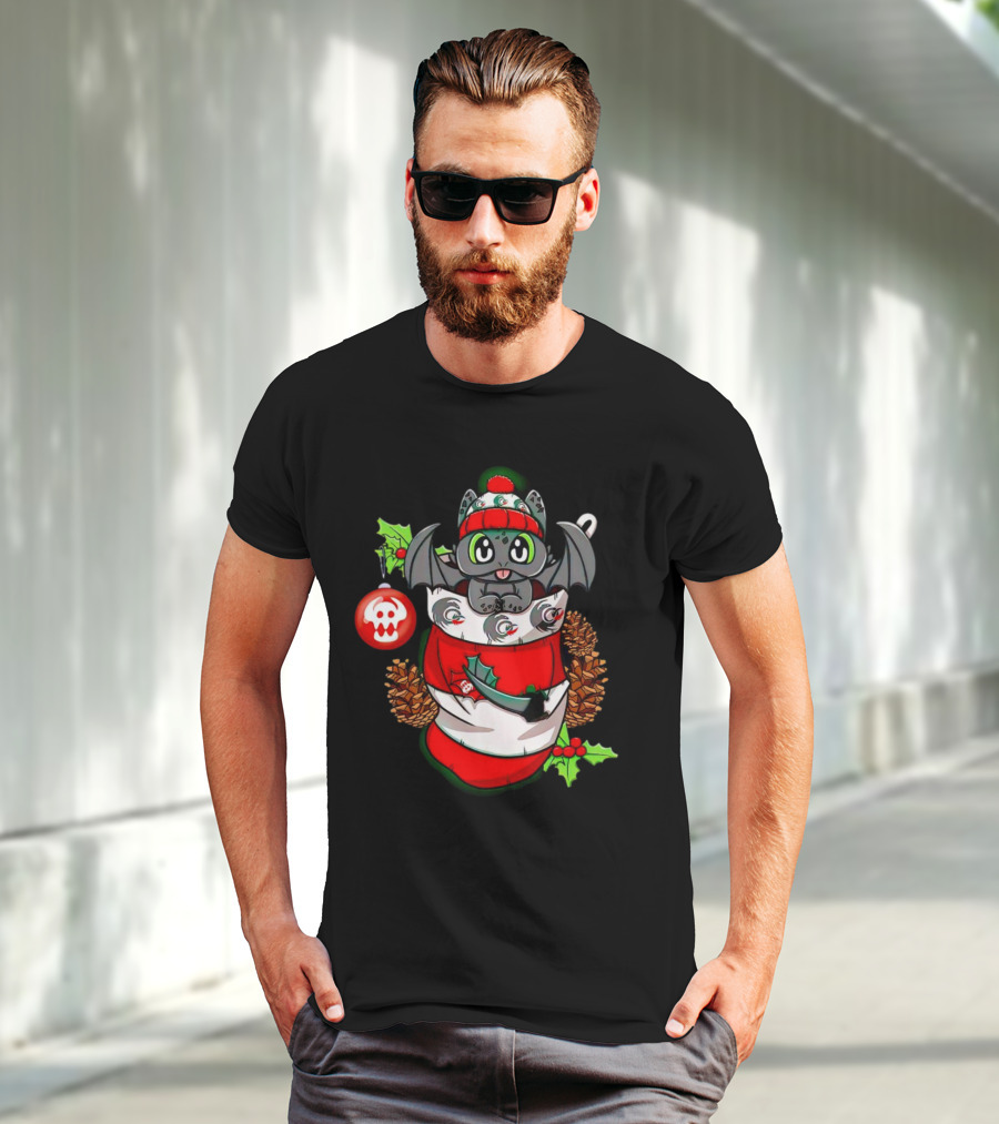 Baby Dragon Holiday Stocking With Skull Ornament And Pinecones T-Shirt