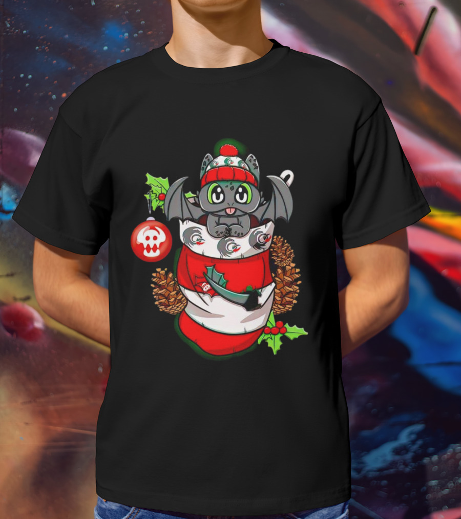 Baby Dragon Holiday Stocking With Skull Ornament And Pinecones T-Shirt