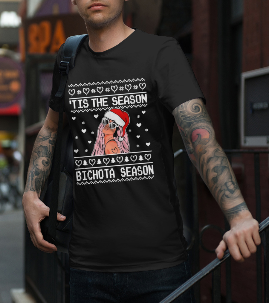 Bichota Season 'Tis The Season Christmas Santa Hat Hearts And Snowflakes T-Shirt