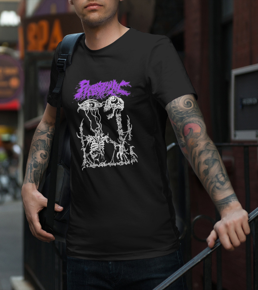 Phobophilic Eye To Eye Skeleton Skull Art Purple Text T-Shirt