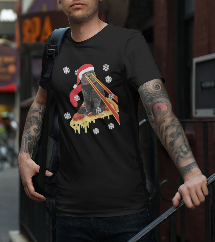 The Guardians Of The Galaxy Drax Cat Pizza Laser Eyes Santa Hat Christmas Snowflakes T-Shirt