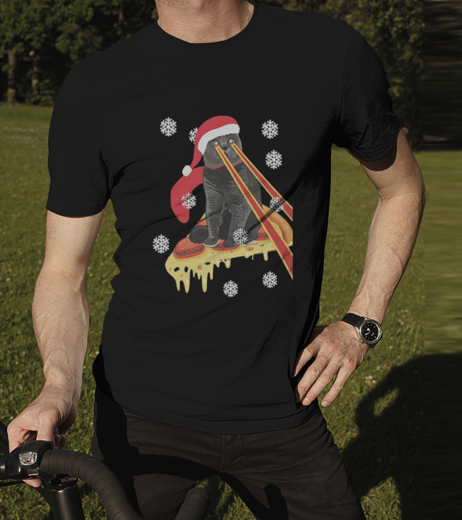 The Guardians Of The Galaxy Drax Cat Pizza Laser Eyes Santa Hat Christmas Snowflakes T-Shirt