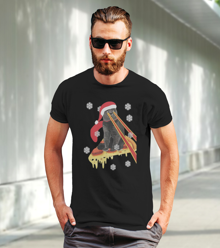 The Guardians Of The Galaxy Drax Cat Pizza Laser Eyes Santa Hat Christmas Snowflakes T-Shirt