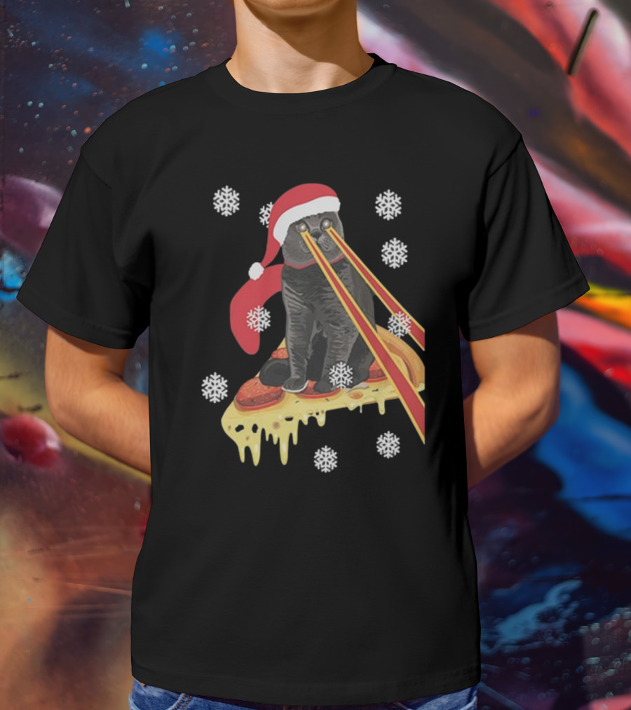 The Guardians Of The Galaxy Drax Cat Pizza Laser Eyes Santa Hat Christmas Snowflakes T-Shirt