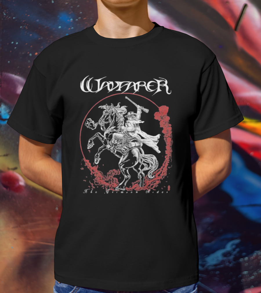 Wayfarer The Crimson Rider Vintage Western Hero On Horseback With Red Cloud Motif T-Shirt