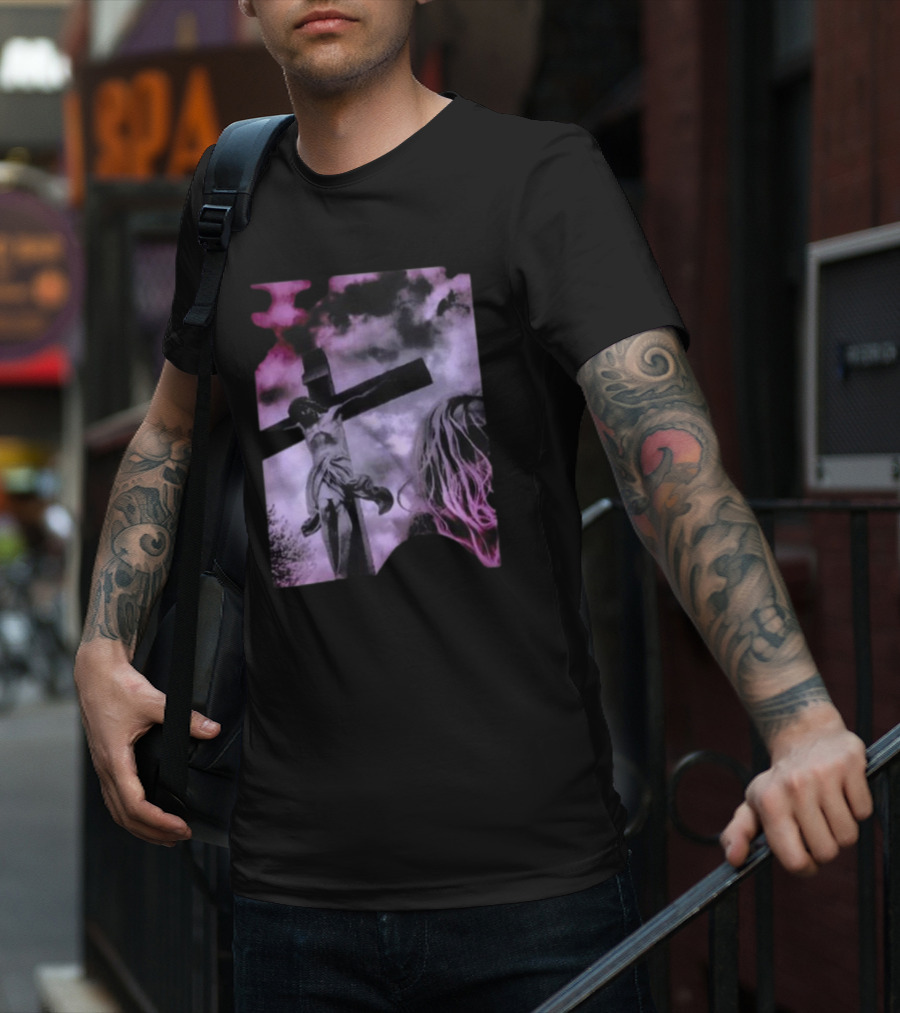 Zakk Wylde Jesus Crucifixion Image With Dark Sky And Blonde Hair Motif T-Shirt