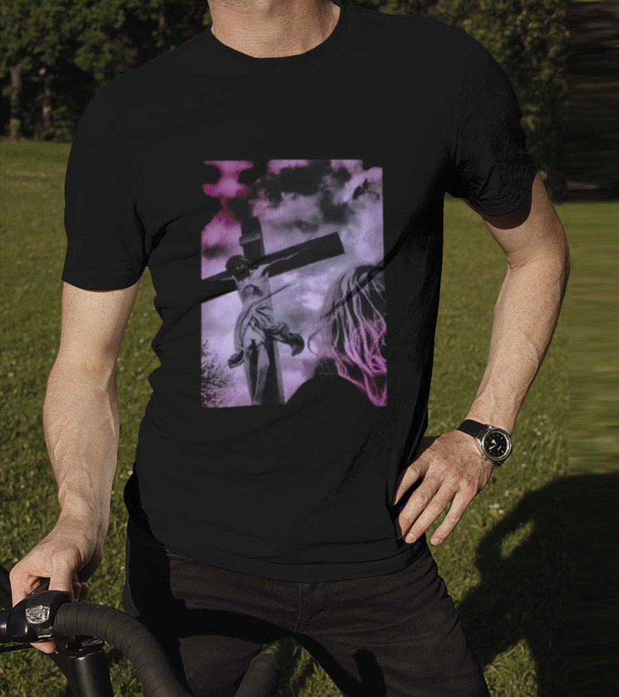Zakk Wylde Jesus Crucifixion Image With Dark Sky And Blonde Hair Motif T-Shirt