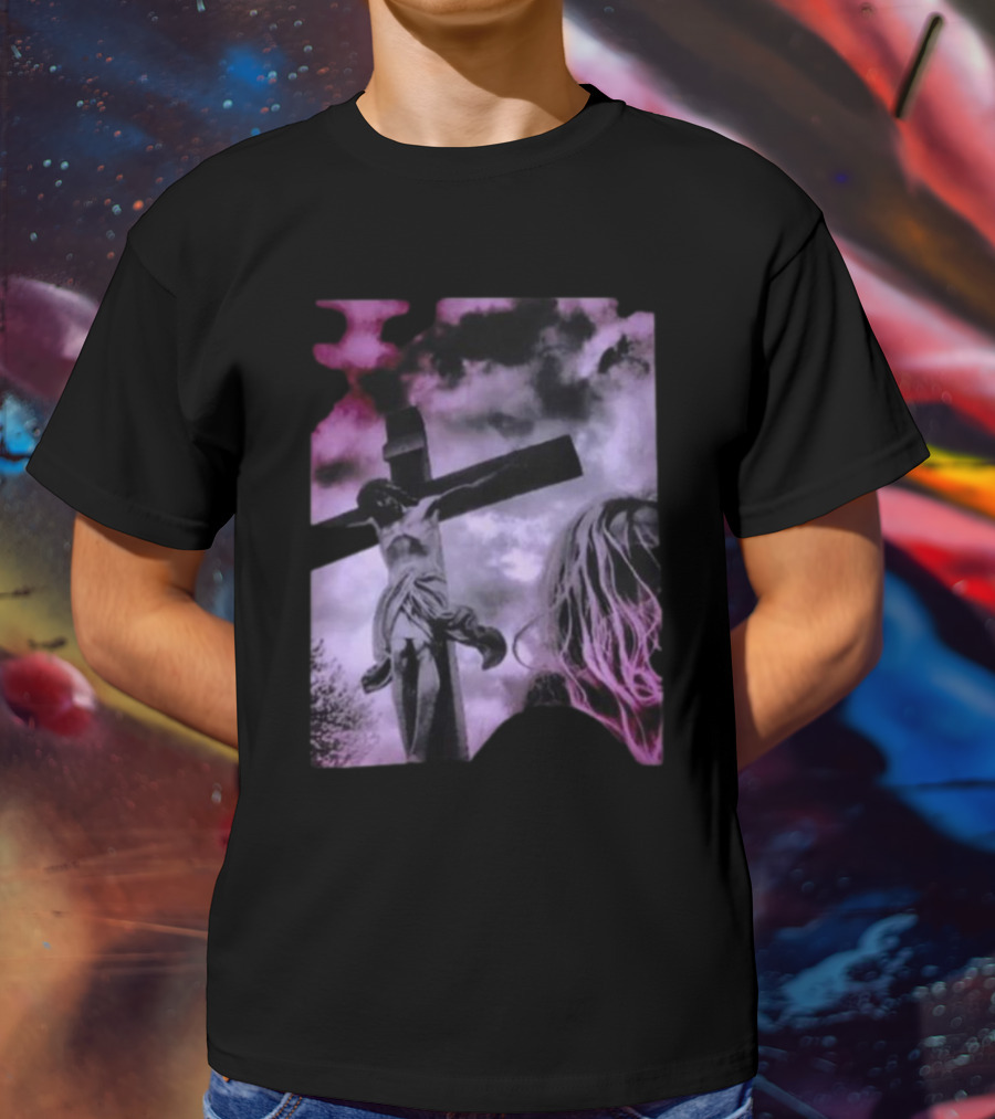 Zakk Wylde Jesus Crucifixion Image With Dark Sky And Blonde Hair Motif T-Shirt