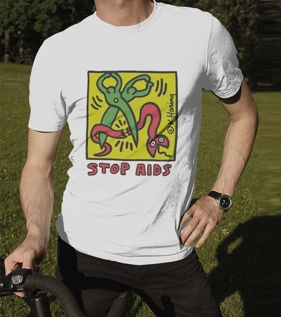 Keith Haring Stop Aids Scissors Cutting Snake T-Shirt