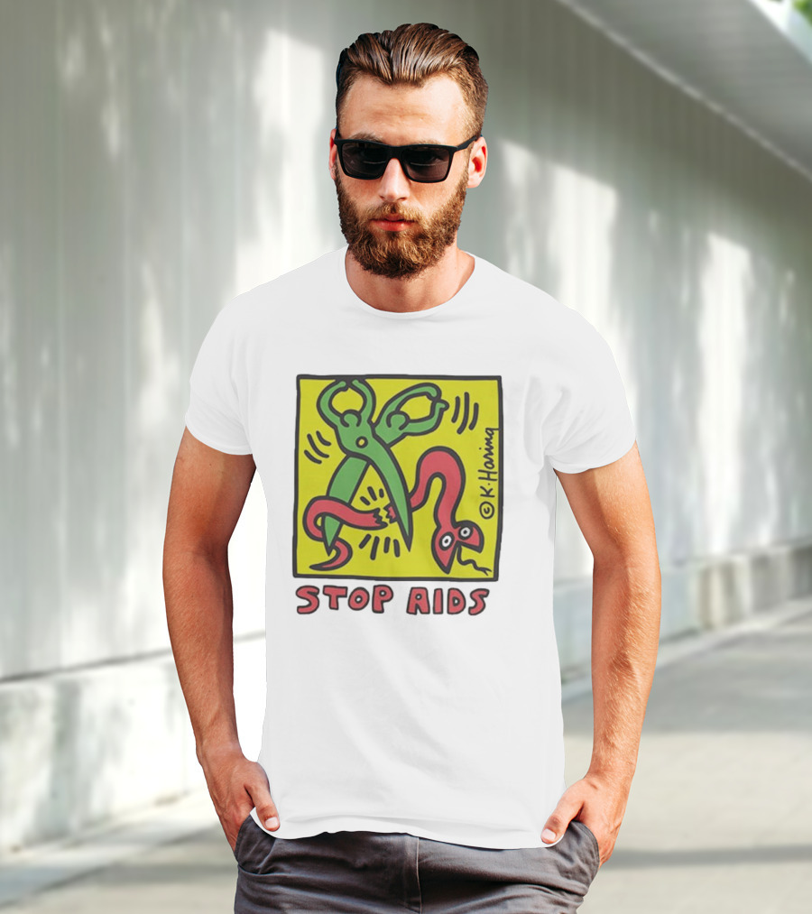 Keith Haring Stop Aids Scissors Cutting Snake T-Shirt