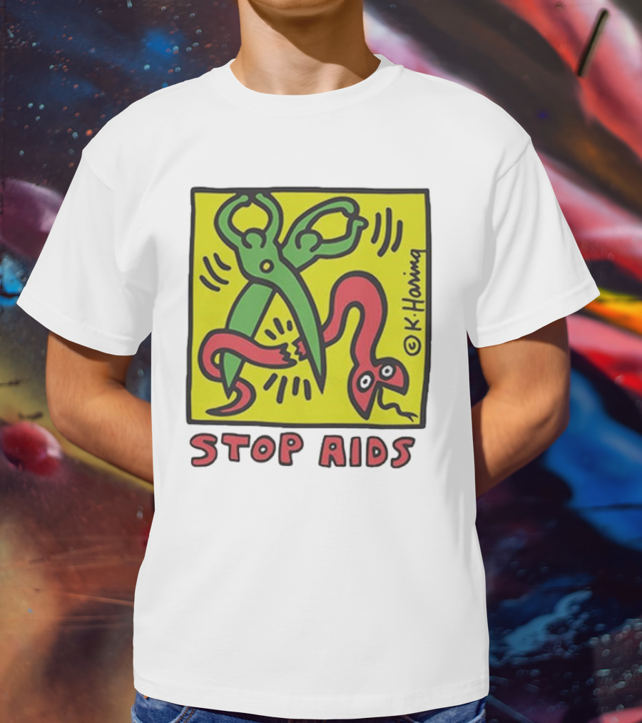 Keith Haring Stop Aids Scissors Cutting Snake T-Shirt