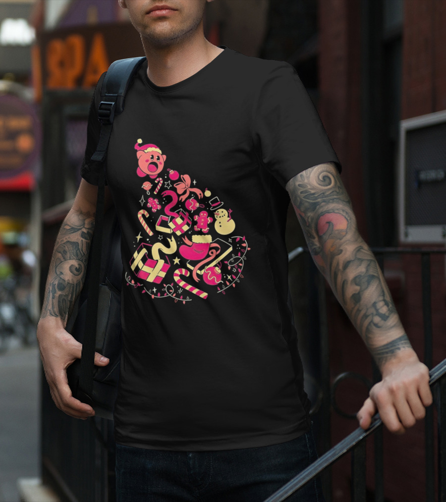 Kirby Christmas Santa Hat And Holiday Icons T-Shirt