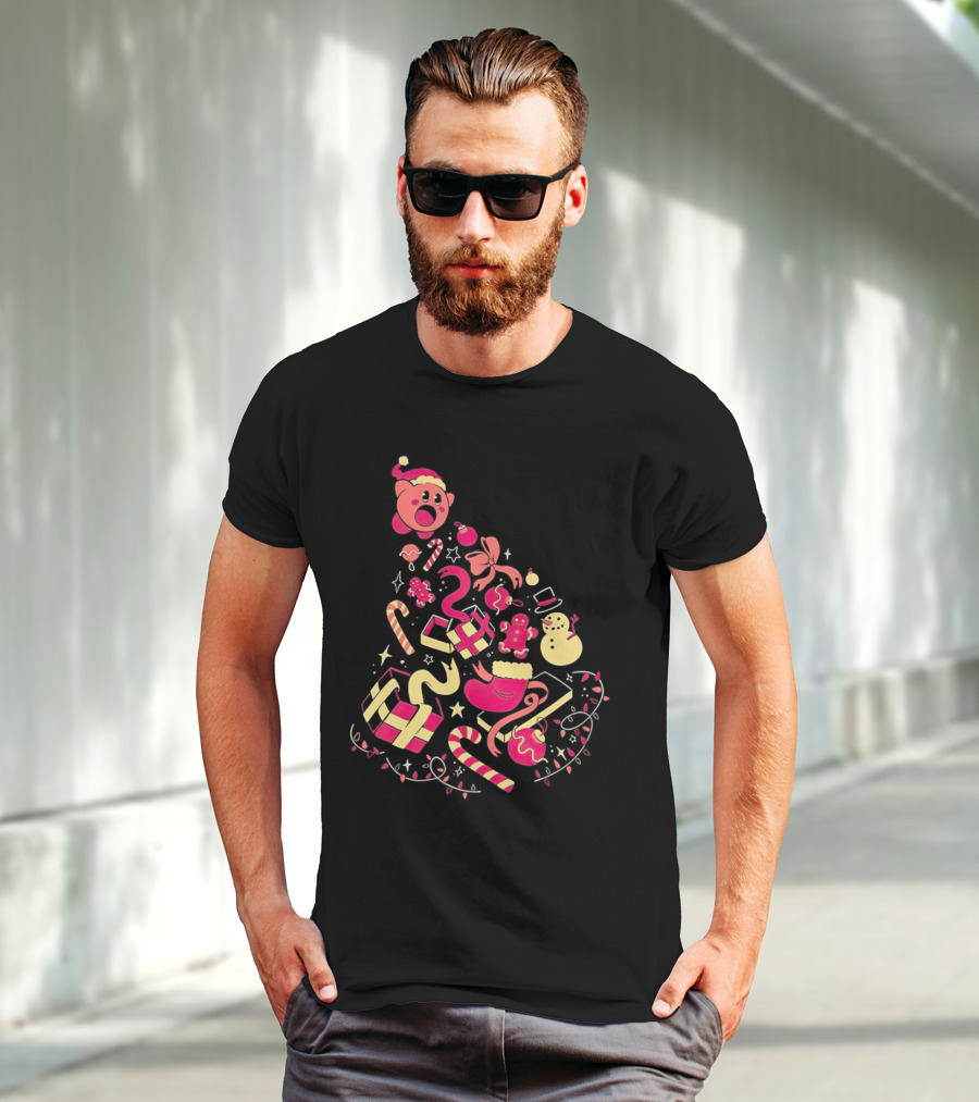 Kirby Christmas Santa Hat And Holiday Icons T-Shirt