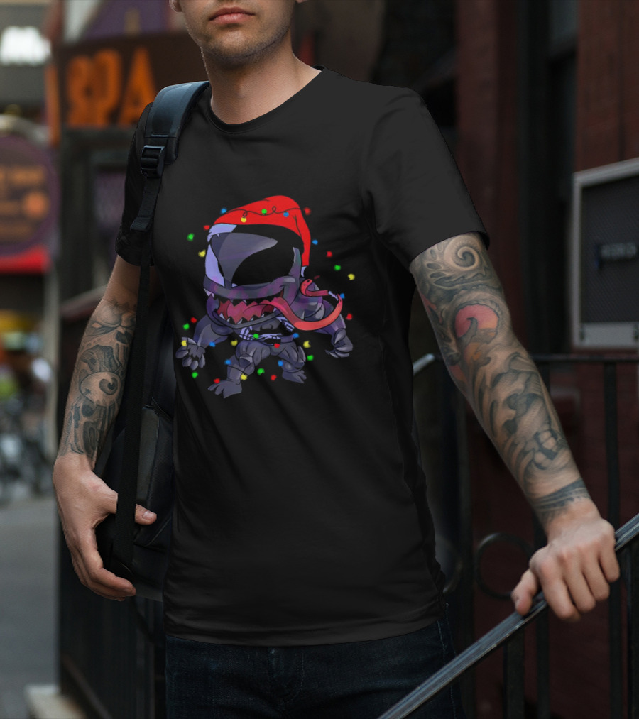 Venom Spiderman Marvel Christmas Lights Santa Hat T-Shirt